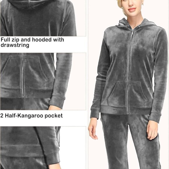 Luxury Women's Velour Tracksuit Set – Full Zip Hoodie & Wide Leg Sweatpants - Picture 4 of 6